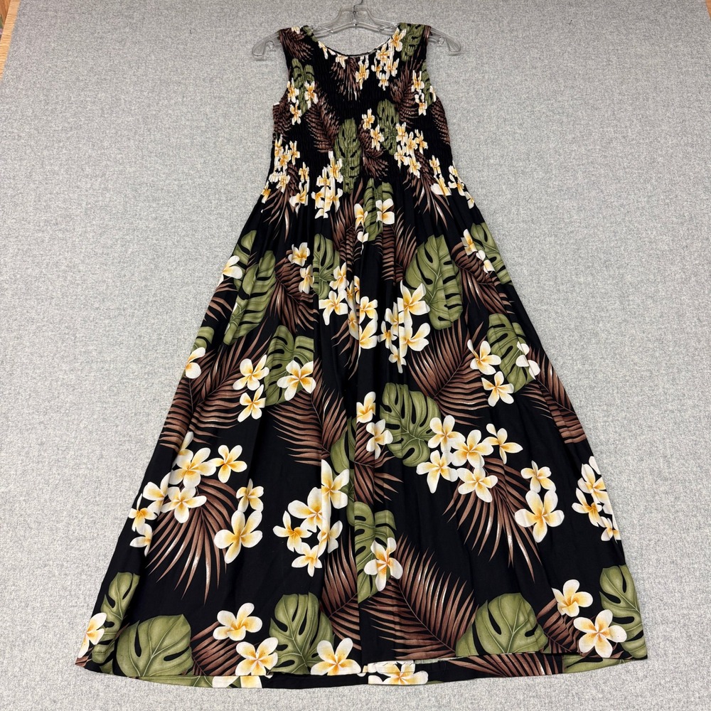 Aloha Hut Hawaii Maxi Dress One Size Black Tropical Floral Smocked Rayon Summer